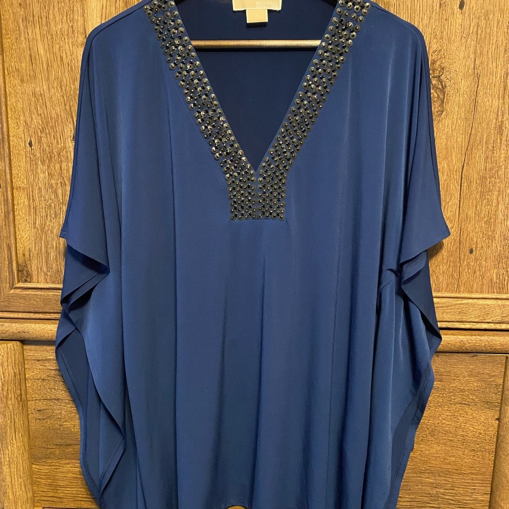 Michael Kors Navy Blue Studded V-Neck Blouse Size: 1X
